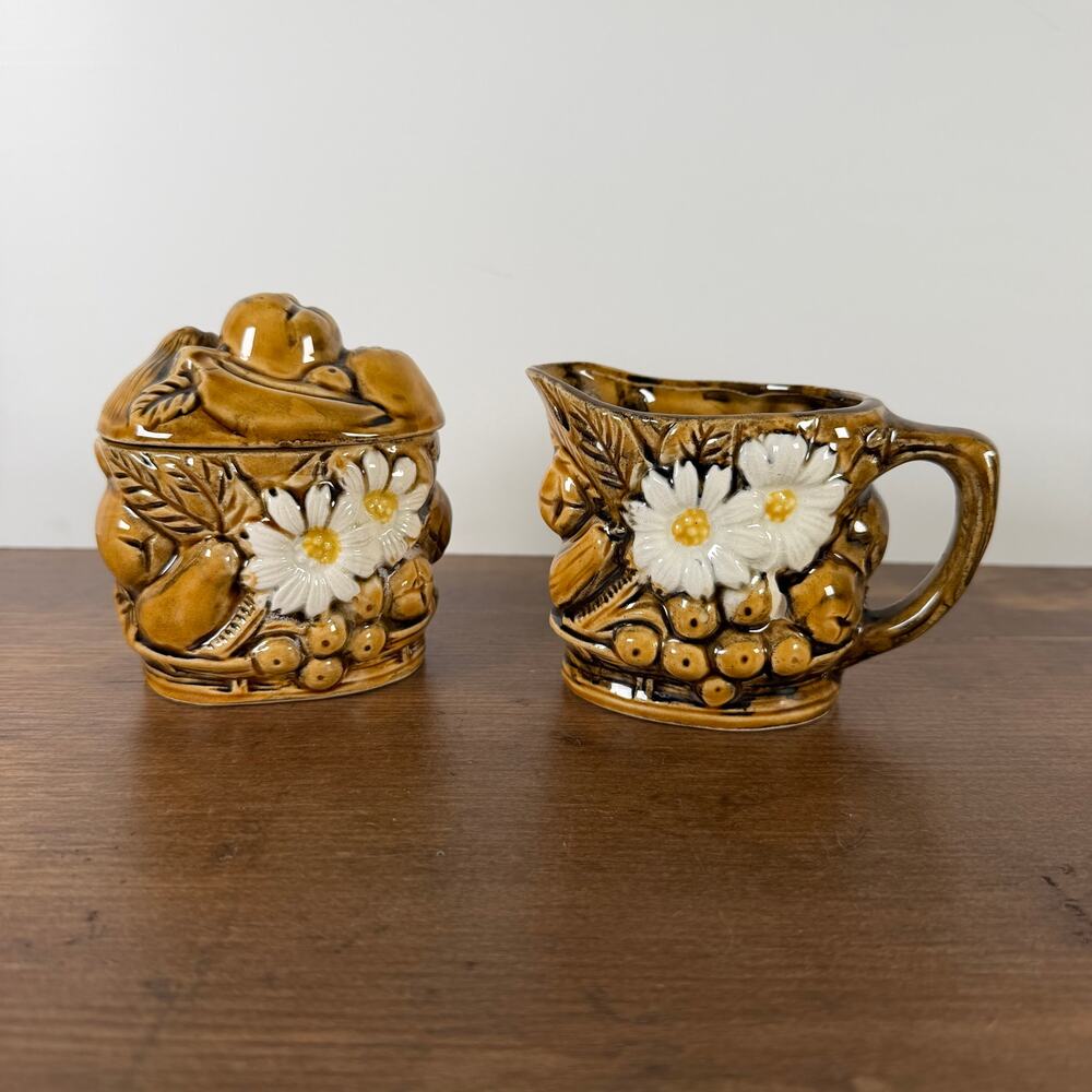 VTG 1960s Inarco Japan Harvest Daisy Golden Brown Ceramic Creamer Sugar Bowl Set